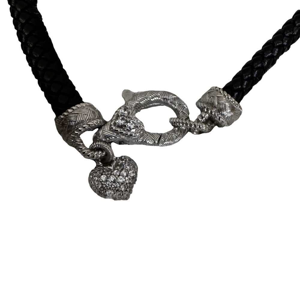 Judith Ripka Black Braided Leather And Sterling Silver Heart Charm Necklace NWOT